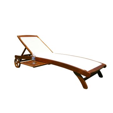 Bain de Soleil de Jardin Structure Marron, Revêtement Ecru réglable en bois d'acacia massif et revêtement en tissu textilène avec roues mod. Texty